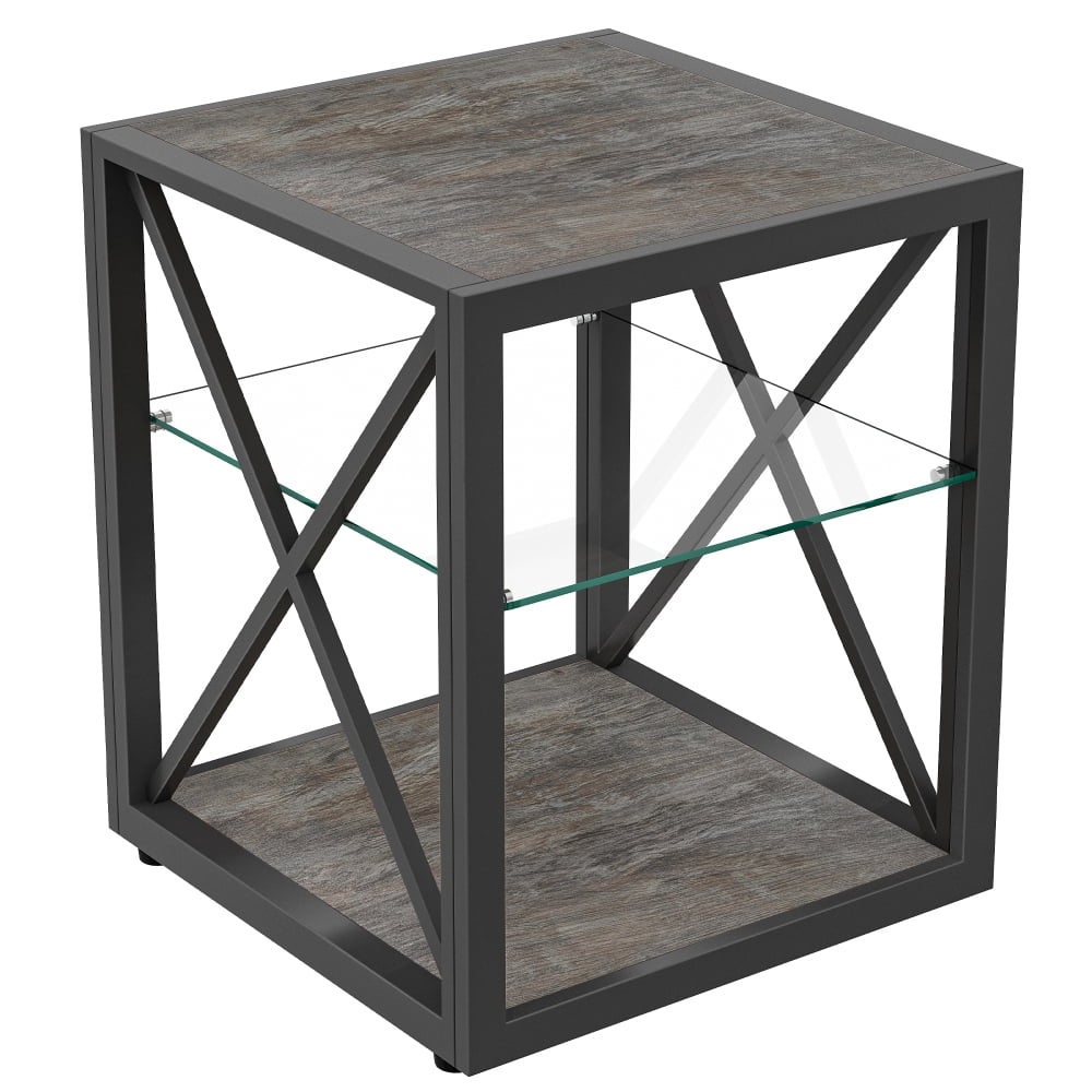 JHSLAJ 1 piece Modern End Table Nightstand for Bedroom & Living Room, Tempered Glass& Rustic Wood Grain MDF, Industrial Style Side Table