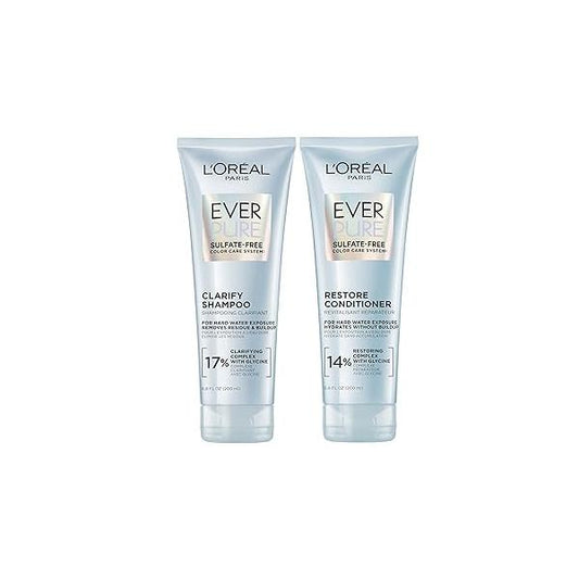 L'Oreal Paris Clarify and Restore Sulfate Free Shampoo Conditioner Set with Antioxidants for Hard Water Exposure Styling Build-up, EverPure, 1 Hair Care Kit