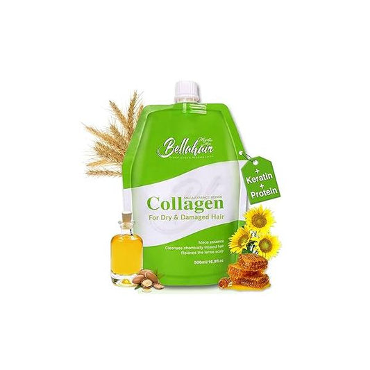 Bellahair Hydrating Collagen Hair Mask for Dry Damaged and Growth - Hydrolyzed Keratin, Protein, SheaButter, Argon Oil & Botanical Extracts Deep Repairs, Smooths Strengthens All Hair-17Oz